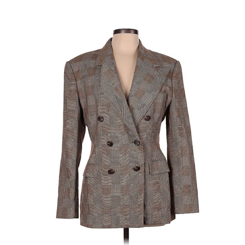 Ralph Lauren Vintage Check Wool Tweed Herringbone Blazer Brown 10 Double Breaste